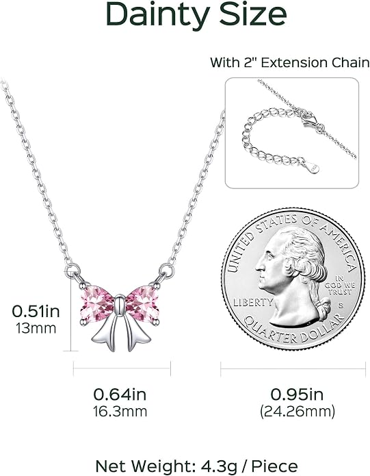 ChicSilver Bow and Cat Birthstone Necklace, 925 Sterling Silver Pendant Necklaces for Women, Hypoallergenic Silver Choker with 16 inch Rolo Chain, 12 Months Jewelry for Valentines Mothers Day Christmas
