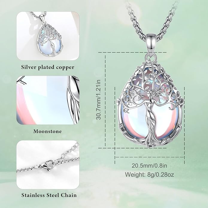 AEONSLOVE Tree of Life Necklace with Crystal for Women, Amethyst/Obsidian/Turquoise/Moonstone/Malachite Crystal Pendant Necklaces for Ladies