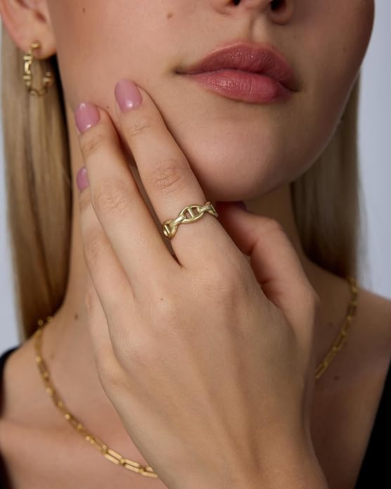 PAVOI Waterproof Link Ring - 14K Gold Plated Link Chain Ring for Women - Stackable Stainless Steel Thin Trendy Jewelry