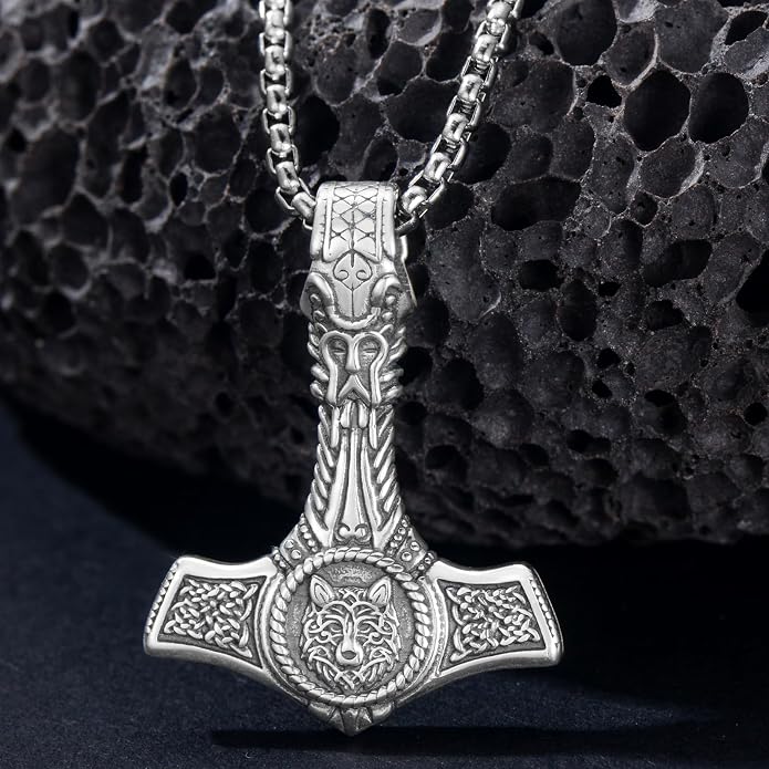 PROESS Thors Hammer Necklace Sterling Silver Celtic Knot Wolf/Lion/Raven Necklace Viking Mjolnir Pendant Jewelry for Men