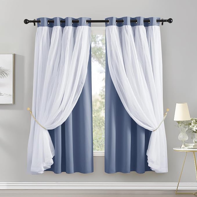 PONY DANCE Sheer Blackout Curtains - Thermal Insulated Double Layered Drapes for Bedroom Dining Room, Cortinas para Sala, 52 Wide by 63 Long, Blue Haze, 2 PCs