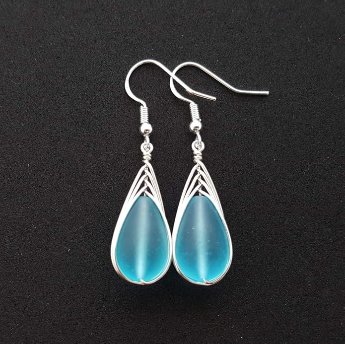 Handmade Sea Glass Earrings, Hawaiian Jewelry, Wire Braided Earrings Teardrop Earrings, Beach Jewelry Sea Glass Jewelry For Women Birthday Gift