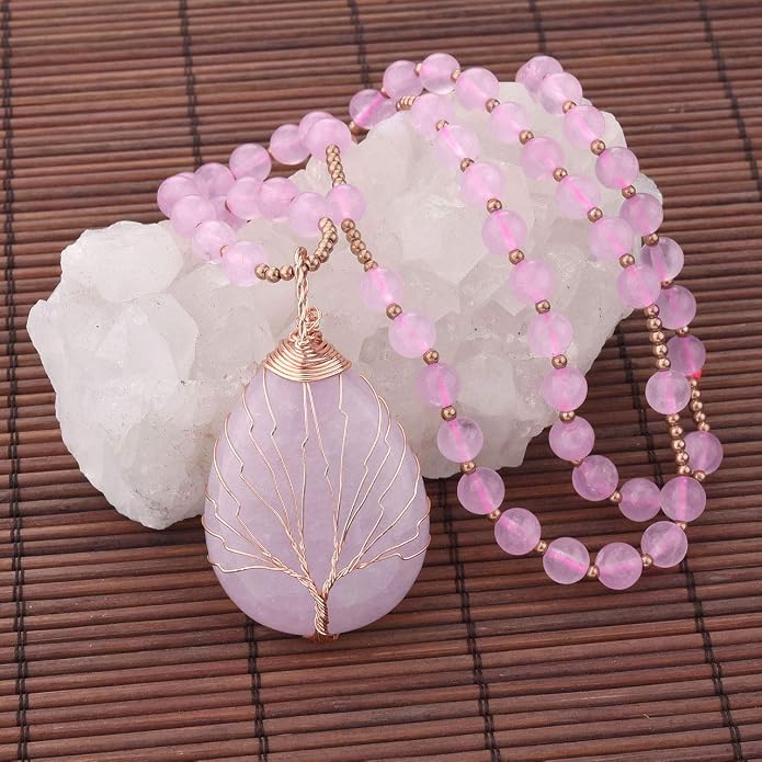 Top Plaza Healing Crystal Amethyst Necklace Natural Stone Beads Life Tree Wire Wrapped Teardrop Gemstone Pendant Jewelry for Women Mom
