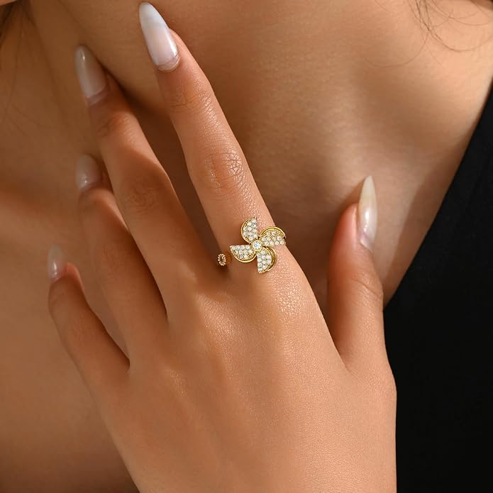 NONAMOIS Gold Rings for Women Evil Eye Flower Open Anti Anxiety Spinner Ring Adjustable Fidget Rings Jewelry Christmas Gifts