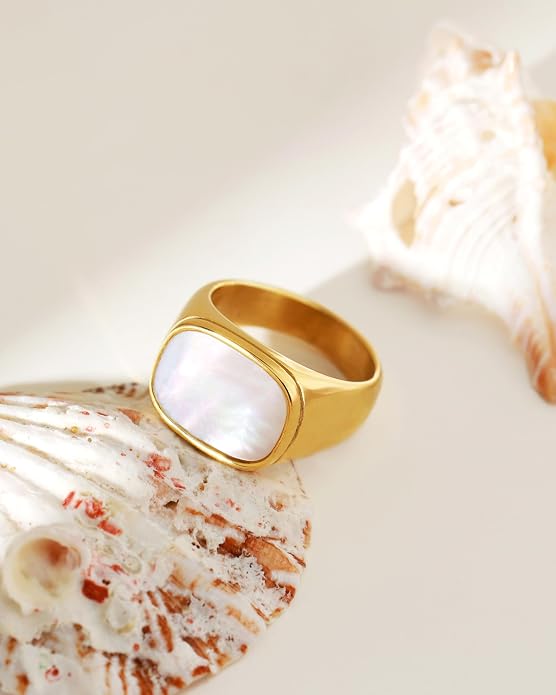 Chunky Statement Rings for Women, Wide Signet Dome Croissant Twist Band Non-Tarnish 18k Gold Plated Stainless Steel Size 5-11