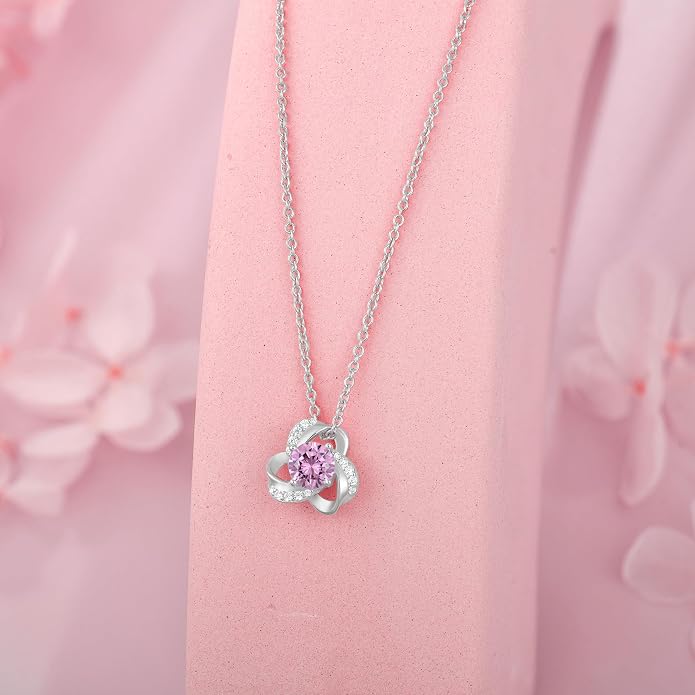 18K Gold Plated Love Knot Necklace for Women, 925 Sterling Silver Round cut Birthstone Pendant Necklace With Chain Lucky Flower Jewelry Gift