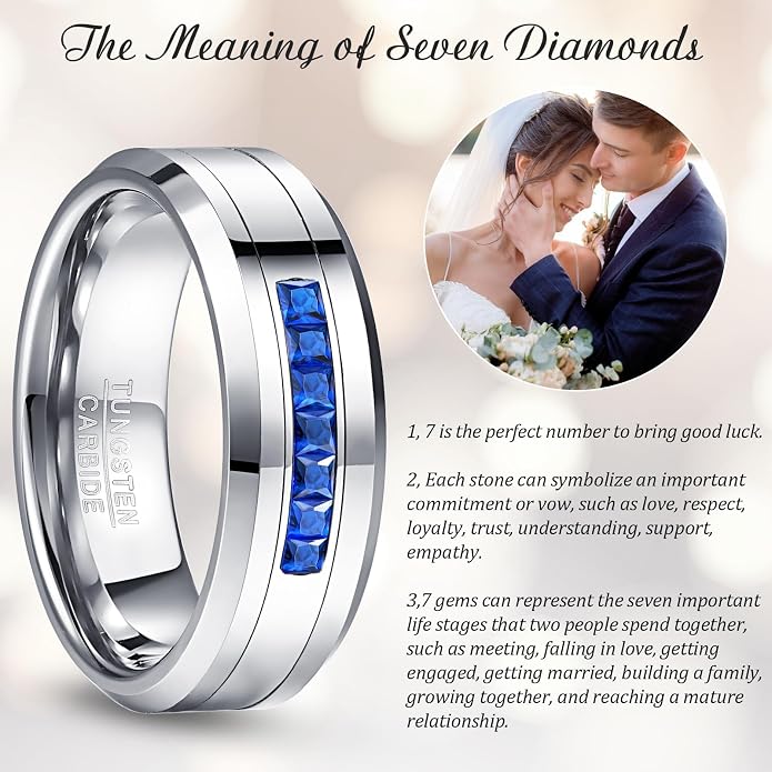 NUNCAD 8 MM Men's Tungsten Carbide Rings Wedding Band with 7 Large Channel Set Cubic Zirconia Size 7 to 12