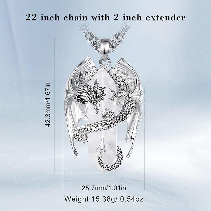 INFUSEU Unique Dragon Necklaces with Healing Crystal Stone for Men Women, Personalized Spiritual Gifts, 24 Inch Chain