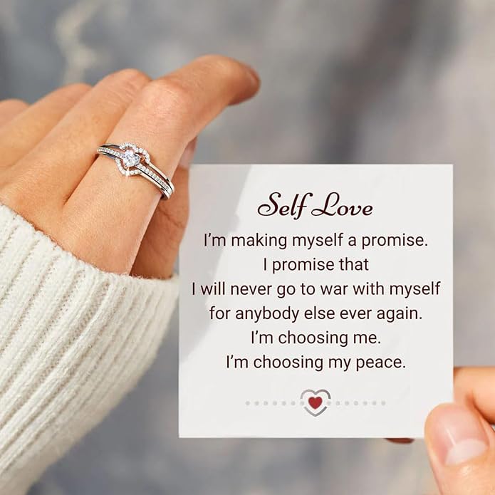 I Choose Me Layered Heart Rings, S925 Self-Love Heart Rings Remind You That Self-Love Is The Best Kind Of Love Inspirational Encouraged Ring Jewelry Gift for Women Daughters