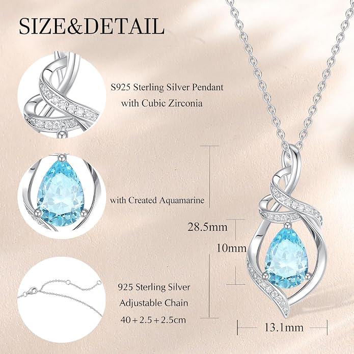 FANCIME Teardrop Birthstone Necklace for Women S925 Sterling Silver Elegant Ribbon Pendent Necklace Birthday Jewelry Gifts for Mom Wife Her, 16"+2" Inches