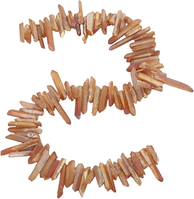 TUMBEELLUWA Rock Quartz Crystal Points Loose Beads for Jewelry Making, Titanium Coated Polished/Raw Quartz Beads 15 Inches Top Drilled,Orange Crystal Points(0.45"-1.35")