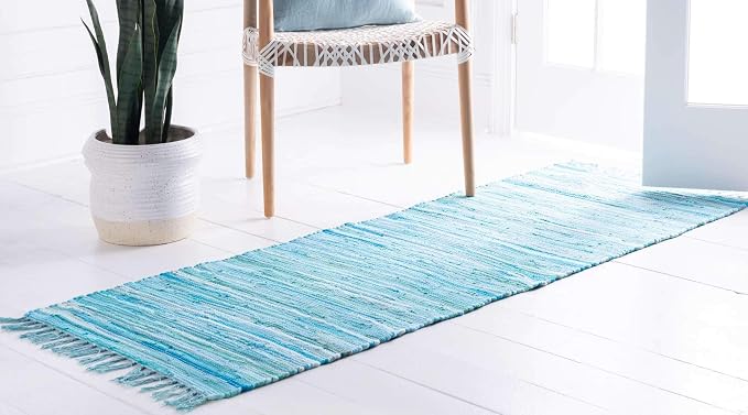 Unique Loom Chindi Cotton Collection Soft Hand Woven Natural Fiber Striped Area Rug, 2 ft 7 in x 9 ft 10 in, Turquoise/Ivory