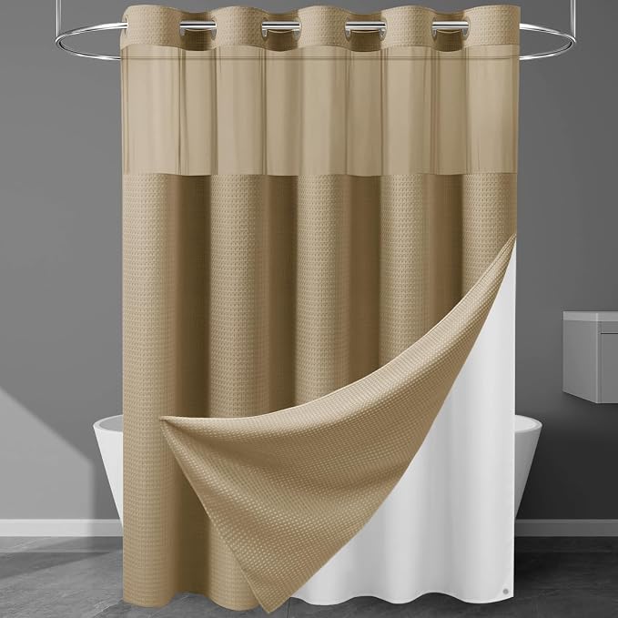 EUTXL Heavyweight Beige No Hook Shower Curtain with Snap in Liner,256GSM Waffle Weave Shower Curtains for Bathroom,71W x 74H