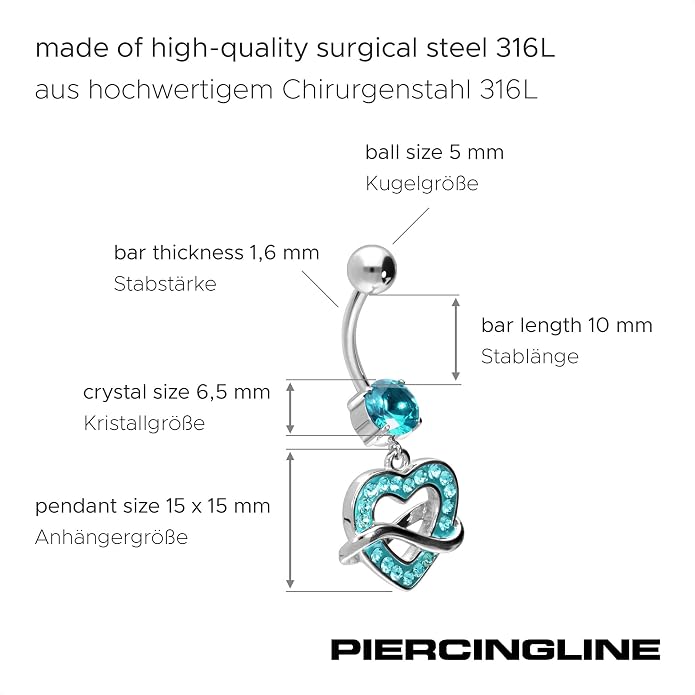 PIERCINGLINE surgical steel dangle belly button piercing with heart and infinity pendant - belly button ring surgical steel, piercing - new version with improved durability