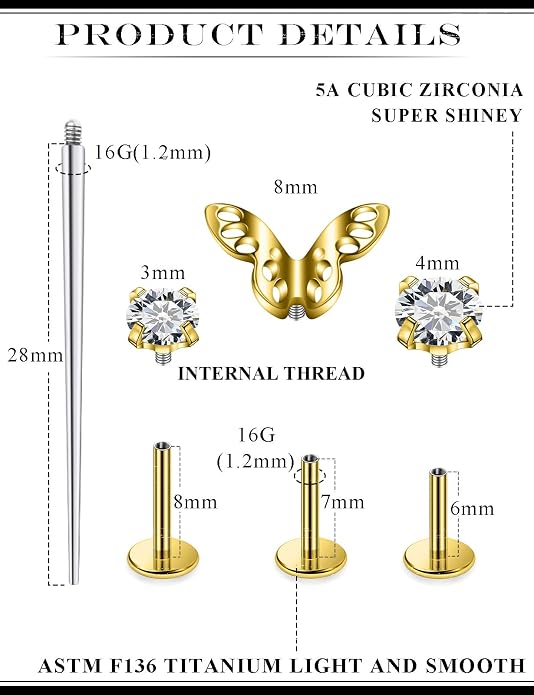 20G 18G 16G Astm F136 Titanium Internal Thread Flat Back Earrings Nose Studs Tragus Forward Helix Conch Cartilage Lobe Earring Stud Medusa Labret Monroe Lip Ring Piercing Jewelry For Women Men