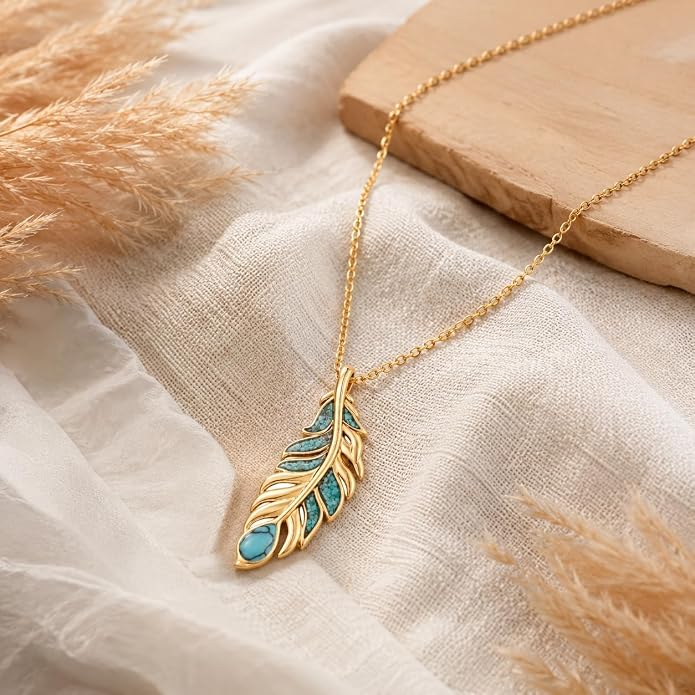 Feather Necklace White Gold Boho Jewelry Nature Inspired Statement Birthstone Pendant Gifts for Women