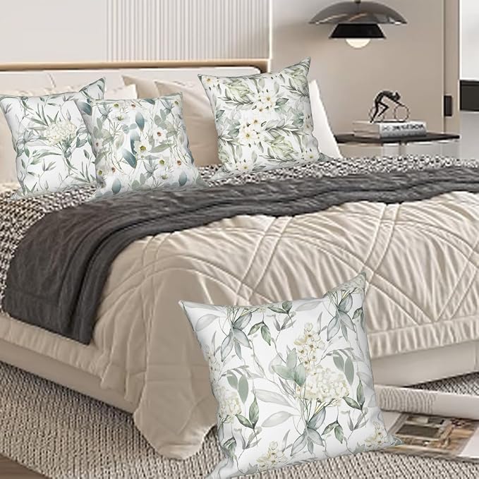 4 Pcs/Set Flowers Pillow Covers Summer White Floral Green Leaves Plants Watercolor Natural Scenery Linen Throw Pillow Covers for Outdoor Couch Sofa Farmhouse Bedroom Decor, 22"x22"