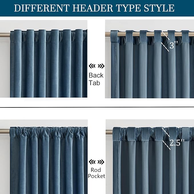 PRIMROSE Velvet Curtains 72 inch Long for Living Room,Set of 2 Panels Stone Grayish Blue Blackout Rod Pocket Back Tab Window Treatment Room Darkening Heavy Decorative Curtains Drapes for Bedroom