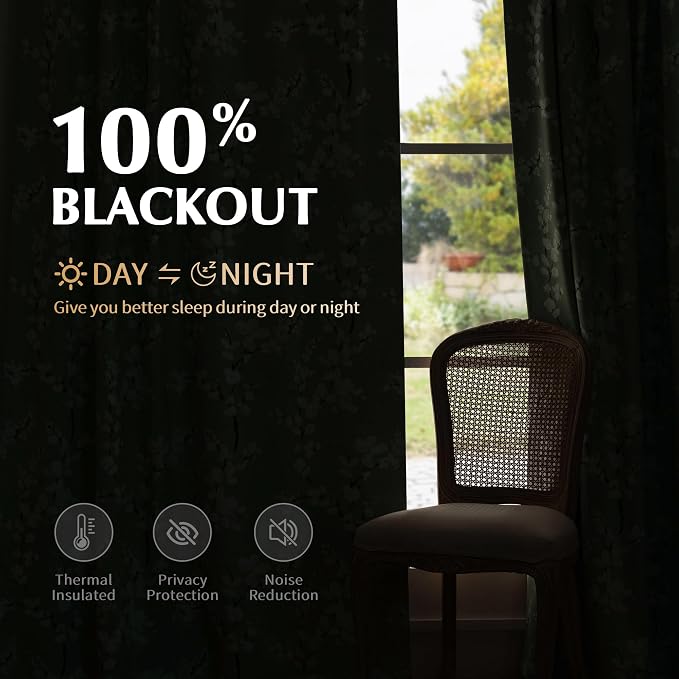FMFUNCTEX 100% Blackout Green Floral Curtains 90 Inch Grommet 2 Panels | Black Out Drapes,Thermal Insulated Cottage Farmhouse, Blossom Patterned Extra Long Curtain for Bedroom, Living Room Darkening