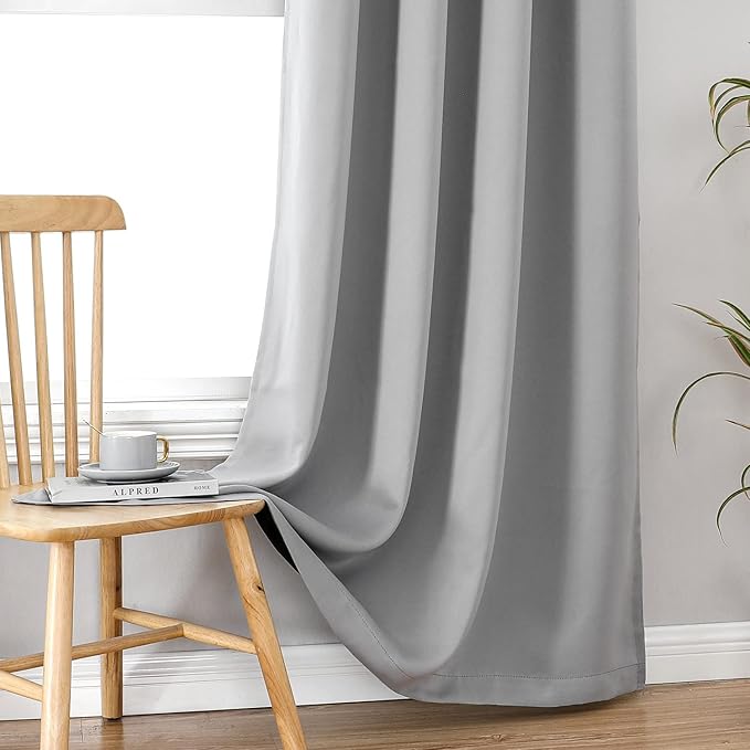 ChrisDowa 100% Blackout Curtains for Bedroom 63 Inches Long 2 Panels Set | 2 Thick Layers, Thermal Insulated, Grommet, Window Treatment, Living Room Drapes with Black Liner, Light Grey, 52 x 63 Inch