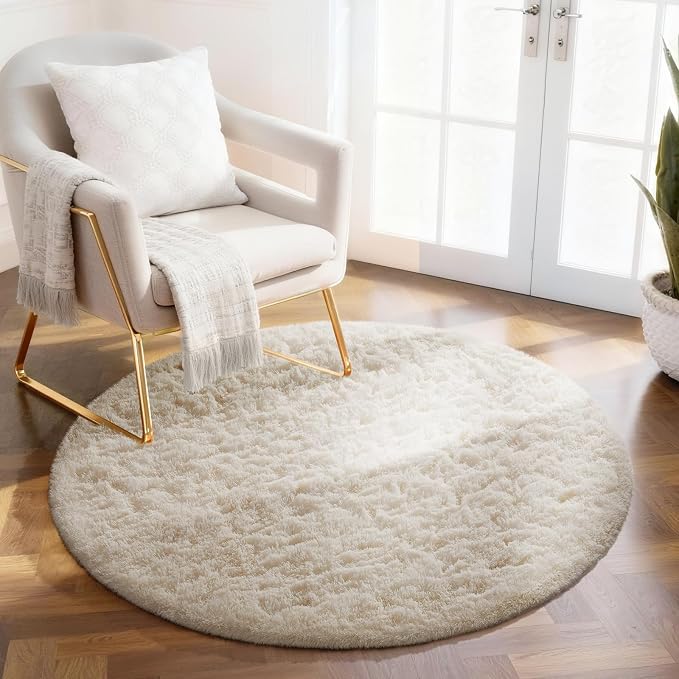 Ophanie 2 Ft Round Area Rug, Ivory Washable Shag Rug for Indoor Floor, Non-Slip Decorative Rug for Living Room, Bedroom and Home Decor