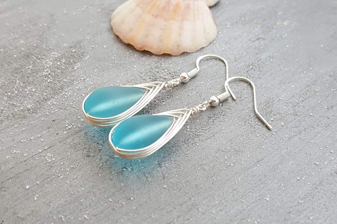 Handmade Sea Glass Earrings, Hawaiian Jewelry, Wire Braided Earrings Teardrop Earrings, Beach Jewelry Sea Glass Jewelry For Women Birthday Gift