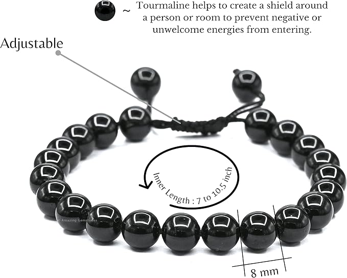 Amazing Gemstone Black Tourmaline Bracelet for Women Men's Gifts - Protection Healing Crystal Bracelet - 8mm Gemstone Beaded Adjustable Bracelet Pulseras para Hombres Mujer Stocking Stuffers