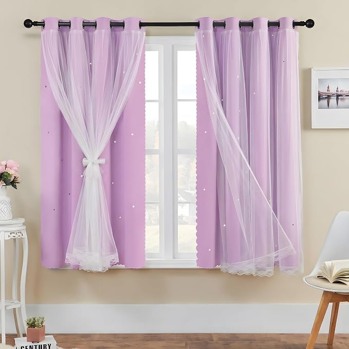 XiDi Purple Curtains for Girls Bedroom 2 Panels 45 Inches Long Hollow-Out Star Kids Nursery Blackout Curtains Princess Mermaid Wall Decor Double Layer Grommet Window Drapes Lilac Purple W34 x L45