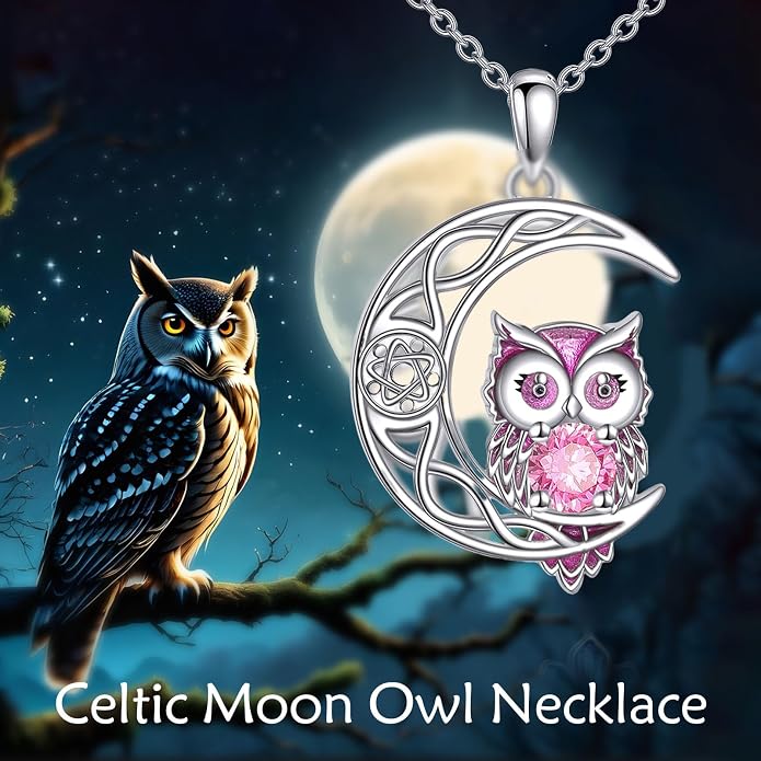 Owl Birthstone Necklace Sterling Silver Celtic Moon Pendant Cubic Zirconia Owls Jewelry Birthday Gifts for Women Men