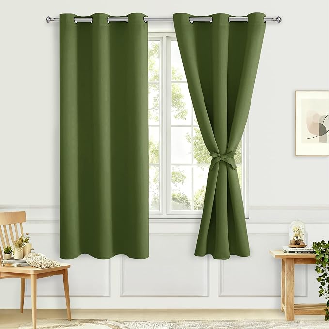 Hiasan Room Darkening Window Curtains for Bedroom, Thermal Insulated Blackout Curtains, Set of 2 Panels, Sewn with Tiebacks, Grommet Top (Olive Green, Width 38 Inch x Length 63 Inch)