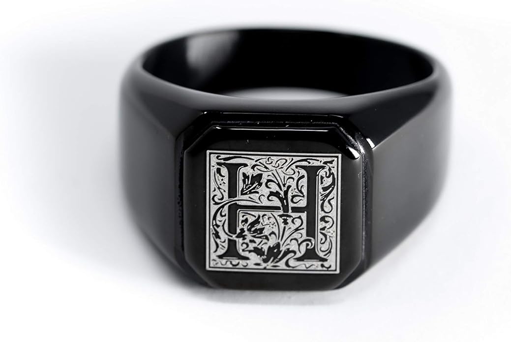 Jewelry | Stainless Steel Letter Alphabet Initial Ring | Square Flat Top Ring for Men & Women | Stainless Steel Jewelry, (Black, Gold, Silver), Size 7-16