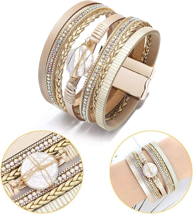 Wowanoo 3Pack Leather Cuff Bracelet Set Multilayer Wrap Bracelet Crystal Feather Tree Bracelet Magnetic Clasp Bracelet for Women