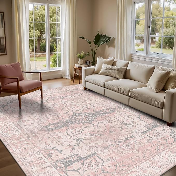 Rugxara Pink Rug 5x7 Area Rugs Washable Rug for Bedroom Nursery Room | Non Slip, Rug for Living Room Girls Kids Room Dining Room, Stain Resistant, Soft, Vintage Boho Carpet, Low Pile, Home Decor
