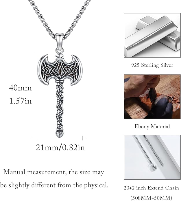 MEDWISE 925 Sterling Silver Viking Axe Necklace with Ebony Inlay, Celtic Knot Norse Pendant Axe Jewelry for Men Women, 20+2 Inch Stainless Steel Chain, Birthday Gifts Jewelry Gift for Father Husband Friend