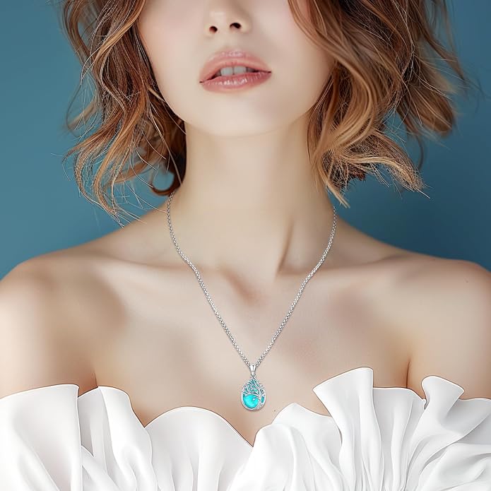 Sterling Silver Tree of Life Necklace for Women Oval Family Tree Necklace Abalone Shell Moonstone Pendant Mother Day Necklace for Mom Tree of Life Jewelry