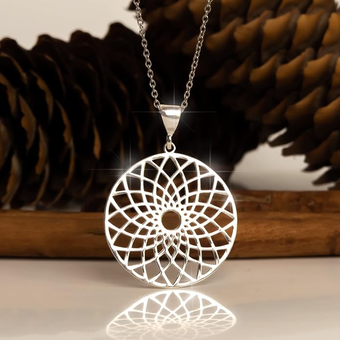 Mandala Necklace Sterling Silver 925 - Sacred Geometry Circle Pendant with 19.7" Chain - Spiritual Esoteric Amulet - Boho Hippie Yoga Jewelry for Women Girls - Handmade