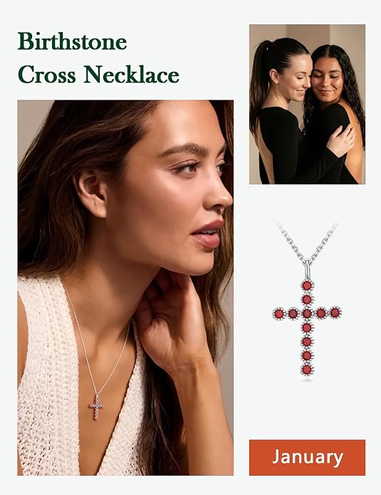 Sterling Silver Cross Necklace for Women Birthstone Religious Jewelry