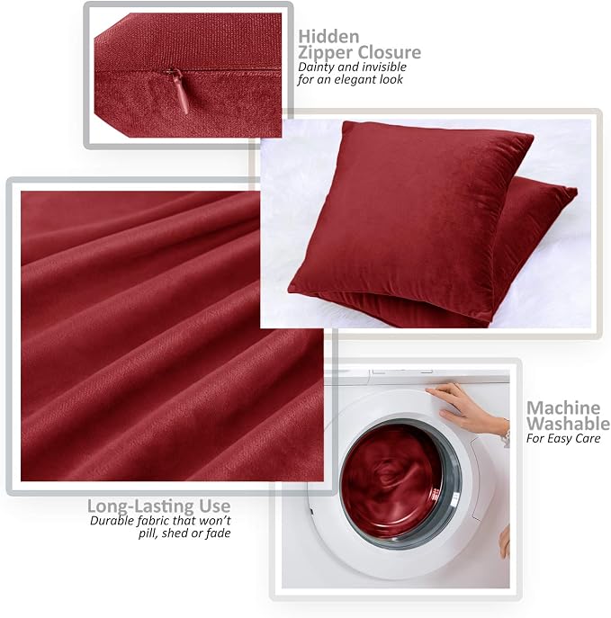 Nestl Throw Euro Pillow Covers, Cozy Velvet Decorative Pillow Covers 26x26 Inches, Soft Solid Couch Pillow Case for Sofa, Bed and Car, Set of 4 - Cherry Red