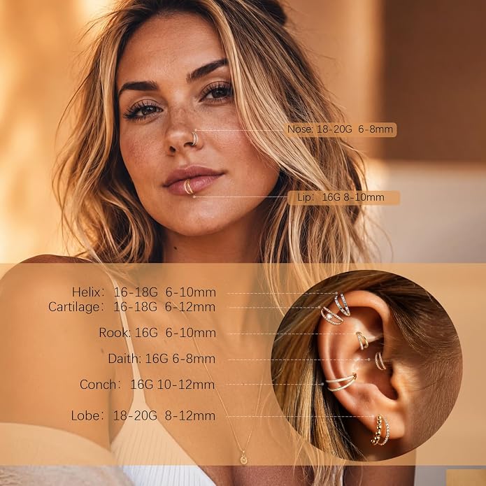AROWRO Conch Piercing Jewelry Nose Rings Hoops Septum Rings Cartilage Earrings for Women Men Helix Piercing Jewelry Rook Tragus Surgical Steel Gold Silver 16G 18G 20G With Cubic Zirconia Opal