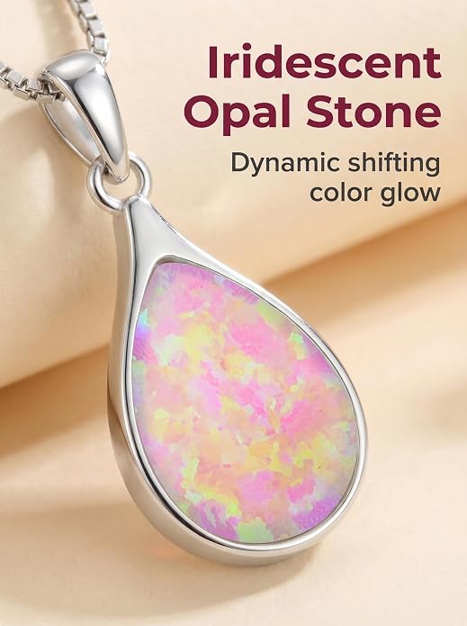Teardrop Opal Necklace for Women - 925 Sterling Silver October Birthstone Pendant Necklace, Dainty Pear Shape Gemstone Jewelry Gif for Her, Adjustable Box Chain