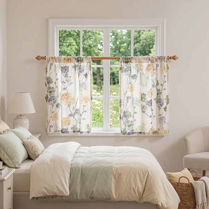 MYSKY HOME Floral Linen Kitchen Tier Cafe Curtains 36 Inch Length 2 Panels Farmhouse Semi Sheer Privacy Small Window Treatments Rod Pocket for Bathroom Basement, Sage Green, 30" Each Panel