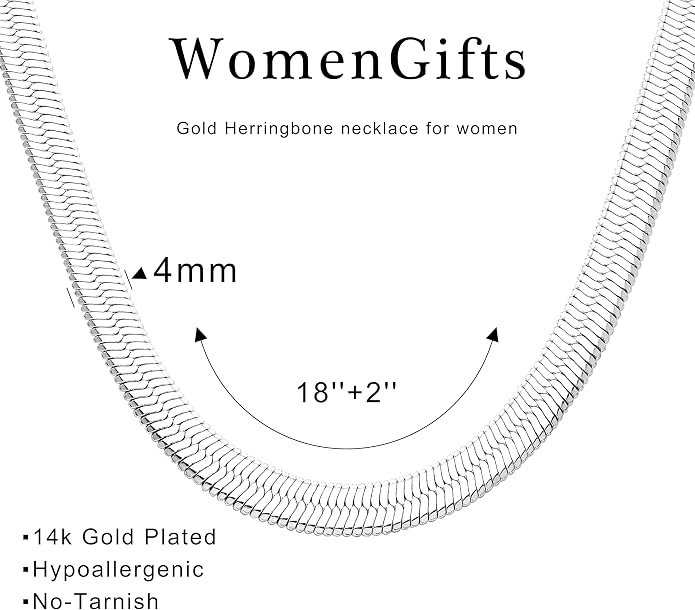 WomenGifts 14K Gold Silver Plated Herringbone Necklace for Women, Dainty Snake Chain Choker, Trendy Simple Long Layered Jewelry Non Tarnish, 3/4/5/8mm,14,16,18,20,22,24,26 Inch Thin & Chunky Options