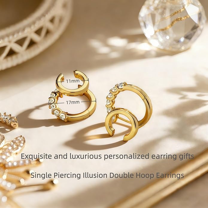 14K Gold Filled Earrings for Women Double Hoop Earring 925 Sterling Silver Post Hypoallergenic Moissanite Layered Stud Earrings, Minimalist Edgy Fine Jewelry for Everyday Wear