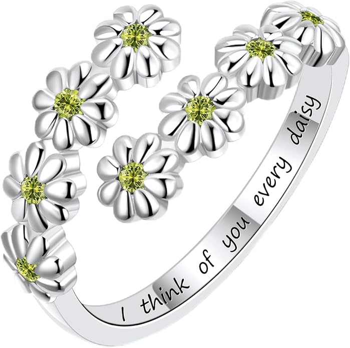 Dainty Daisy Ring for Women, S925 Sterling Silver Cubic Zirconia Sunflower Flower Ring For Daughter, I Think Of You Every Daisy Ring, Birthstone Flower Ring