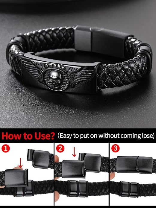 ChainsHouse Mens Wrap Braided Leather Black Bead Bracelets Bangles, Vintage Star of David/Wing Skull/Templar Cross Genuine Leather Bracelet, Customize Available, Size 7.5/8.3/9.0 Inch, Send Gift Box