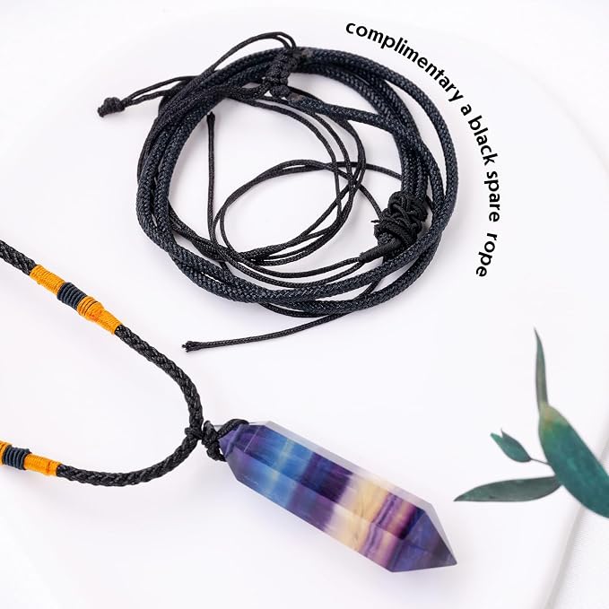 Runyangshi Rainbow Fluorite Healing Crystal Pendants, Double Pointed Natural Crystal Quartz Necklace 6 Faceted Chakra Crystal Wand Stone