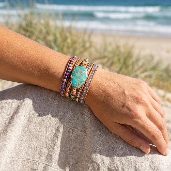 YGLINE Boho Leather Wrap Bracelet for Women- Gemstone Handmade Healing Crystal Beaded 5 Wrap Bohemian Jewelry Collection