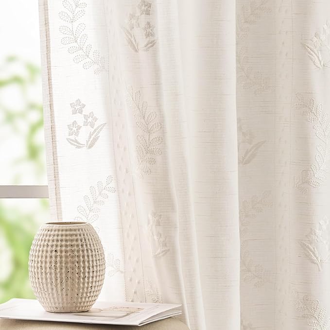 jinchan Floral Linen Curtains 84 Inch Farmhouse Back Tab 2 Panels White | Embroidered curtains,boho curtains,living room,bedroom,light filtering,privacy,flower patterned drapes,window treatment