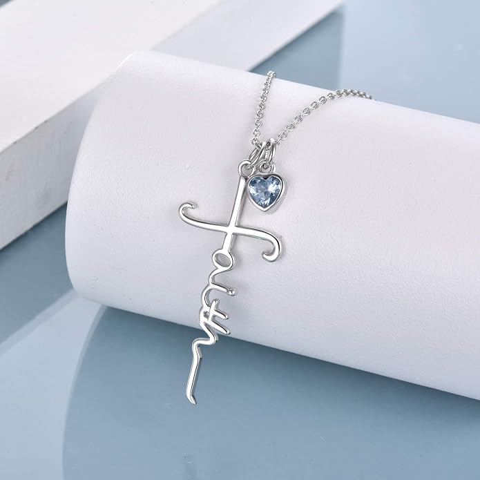 Faith Cross Necklace For Women Birthstone Sterling Silver with Simulated Birthstone Cross Jewelry Christian Gifts