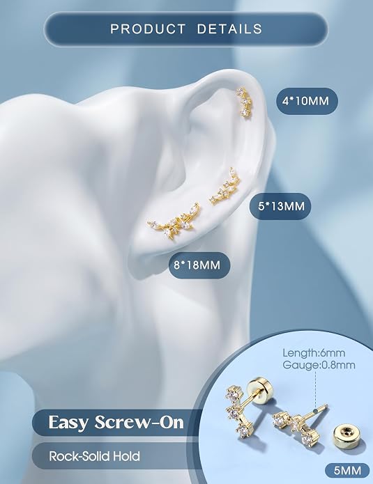 ORAZIO 925 Sterling Silver Flat Back Stud Earrings for Women Hypoallergenic 14K Gold Plated Cartilage Earrings for Sensitive Ears Small CZ Opal Conch Helix Tragus Piercing Jewelry 3 Pairs 20G